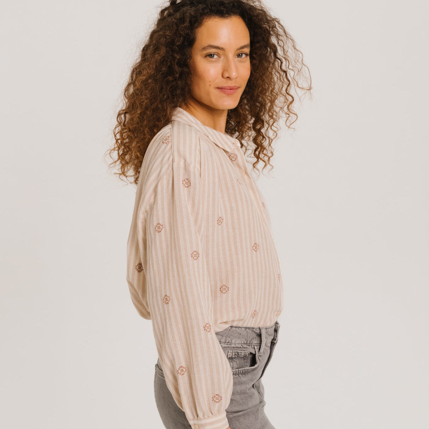 Sacrecoeur Ali Blouse Embroidered Stripe Cream/Beige - Steranko Clothing Manchester