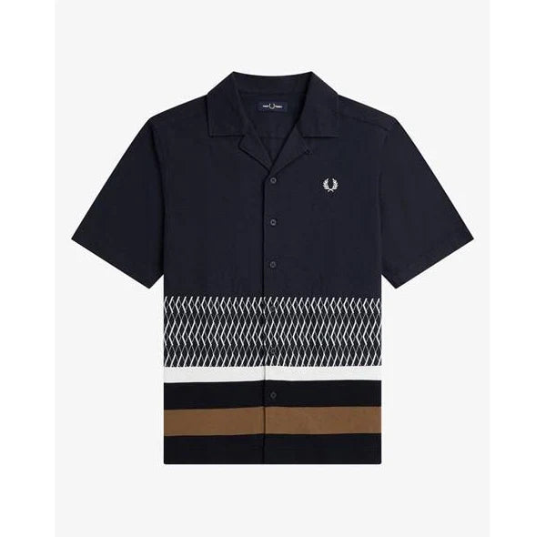 Fred Perry Knitted Panel SS Shirt Navy (Size - Large)