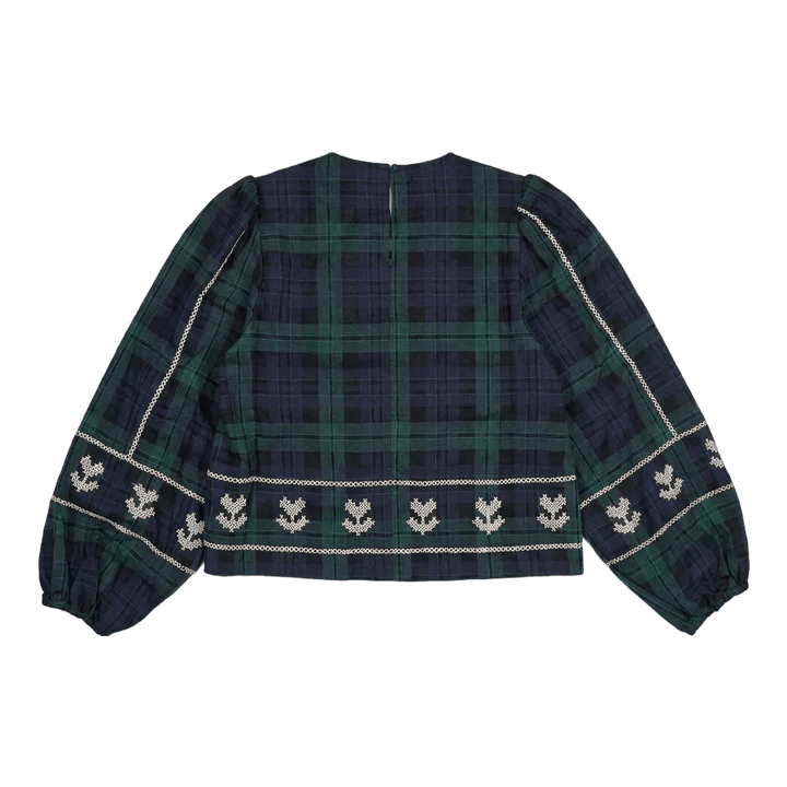 The Tiny Big Sister Embroidered Check Puff Sleeves Blouse Navy - Steranko Clothing Manchester