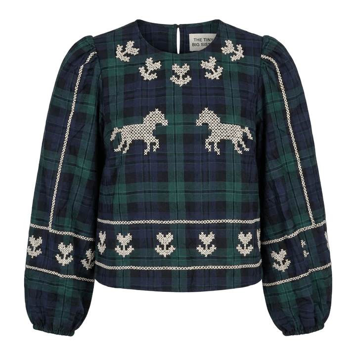 The Tiny Big Sister Embroidered Check Puff Sleeves Blouse Navy - Steranko Clothing Manchester