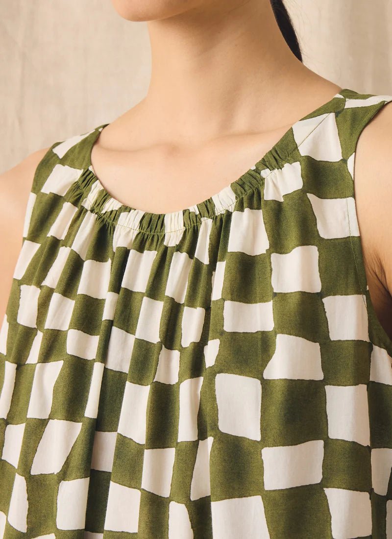 Toast Block Print Warp Check Sleeveless Dress Olive - Steranko Clothing Manchester