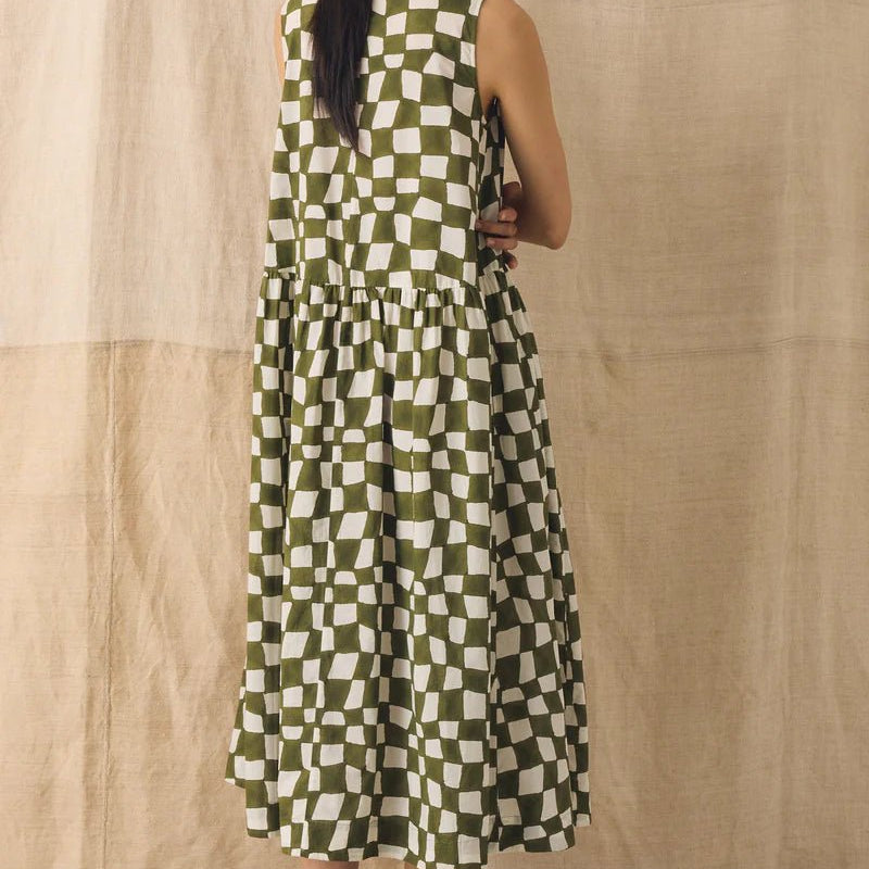 Toast Block Print Warp Check Sleeveless Dress Olive - Steranko Clothing Manchester