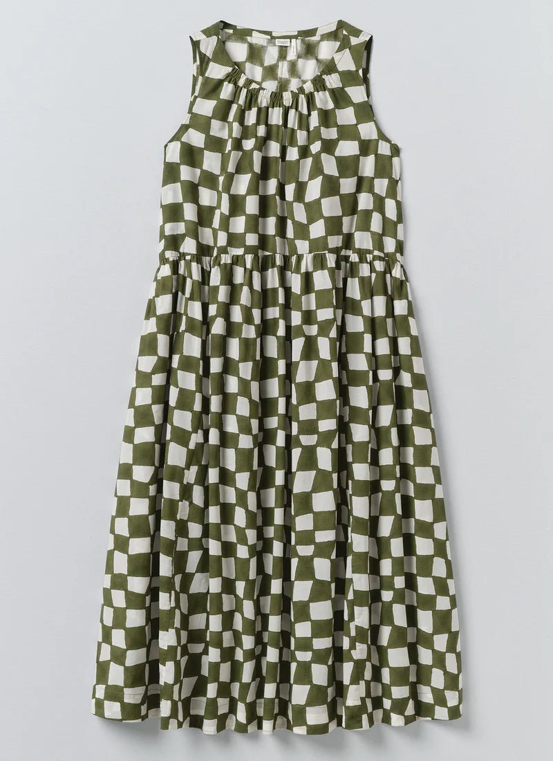 Toast Block Print Warp Check Sleeveless Dress Olive - Steranko Clothing Manchester