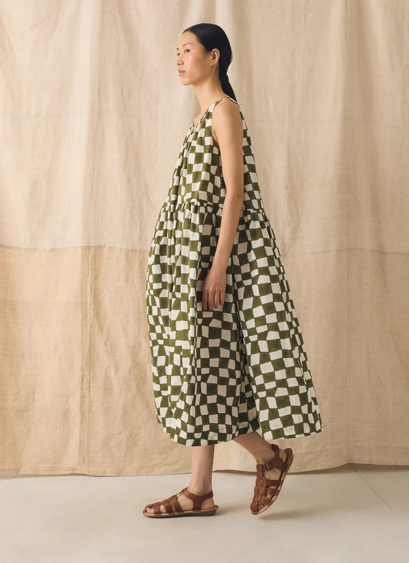 Toast Block Print Warp Check Sleeveless Dress Olive - Steranko Clothing Manchester