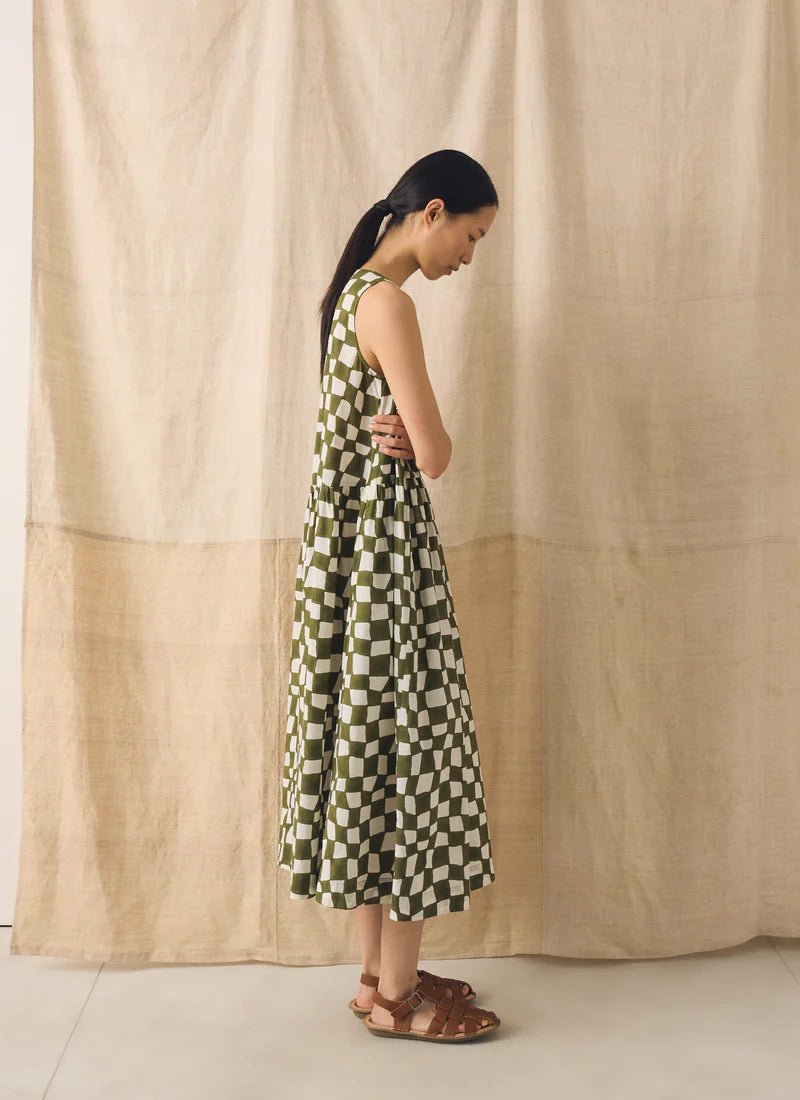 Toast Block Print Warp Check Sleeveless Dress Olive - Steranko Clothing Manchester