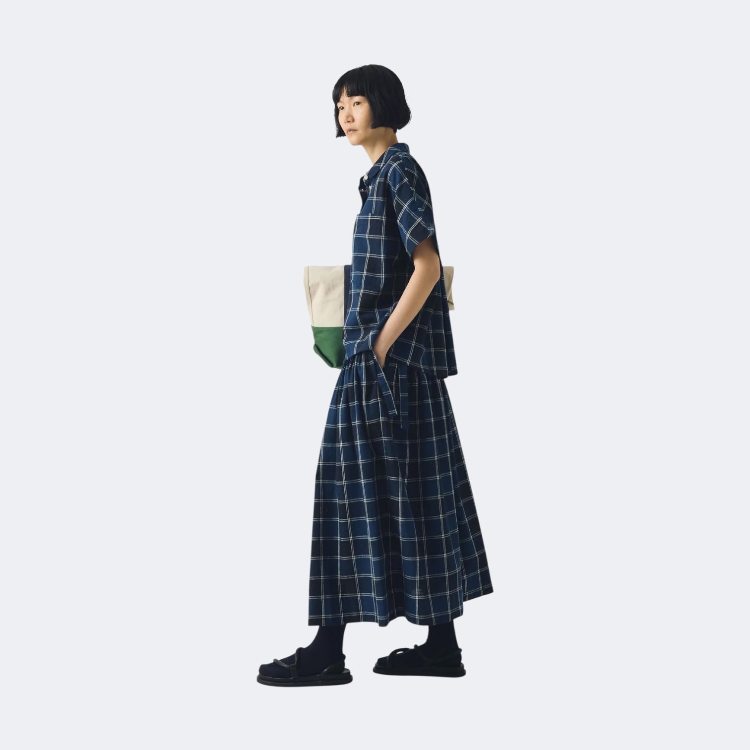 Toast Market Check Pleated Cotton Linen Skirt Denim Blue - Steranko Clothing Manchester