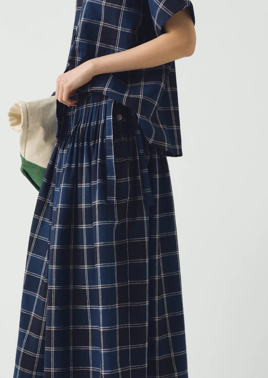 Toast Market Check Pleated Cotton Linen Skirt Denim Blue - Steranko Clothing Manchester