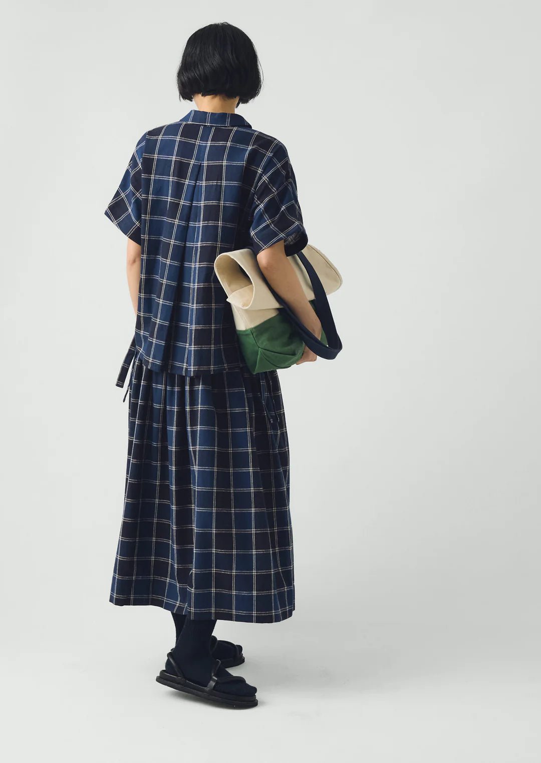 Toast Market Check Pleated Cotton Linen Skirt Denim Blue - Steranko Clothing Manchester