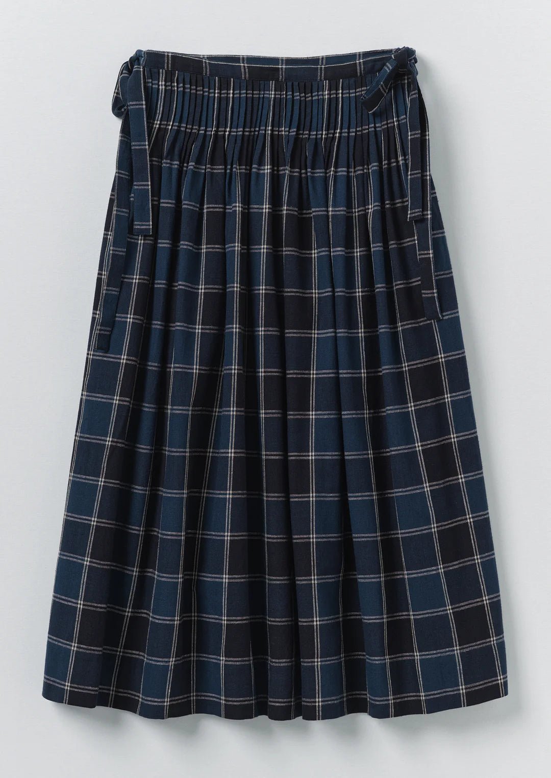 Toast Market Check Pleated Cotton Linen Skirt Denim Blue - Steranko Clothing Manchester