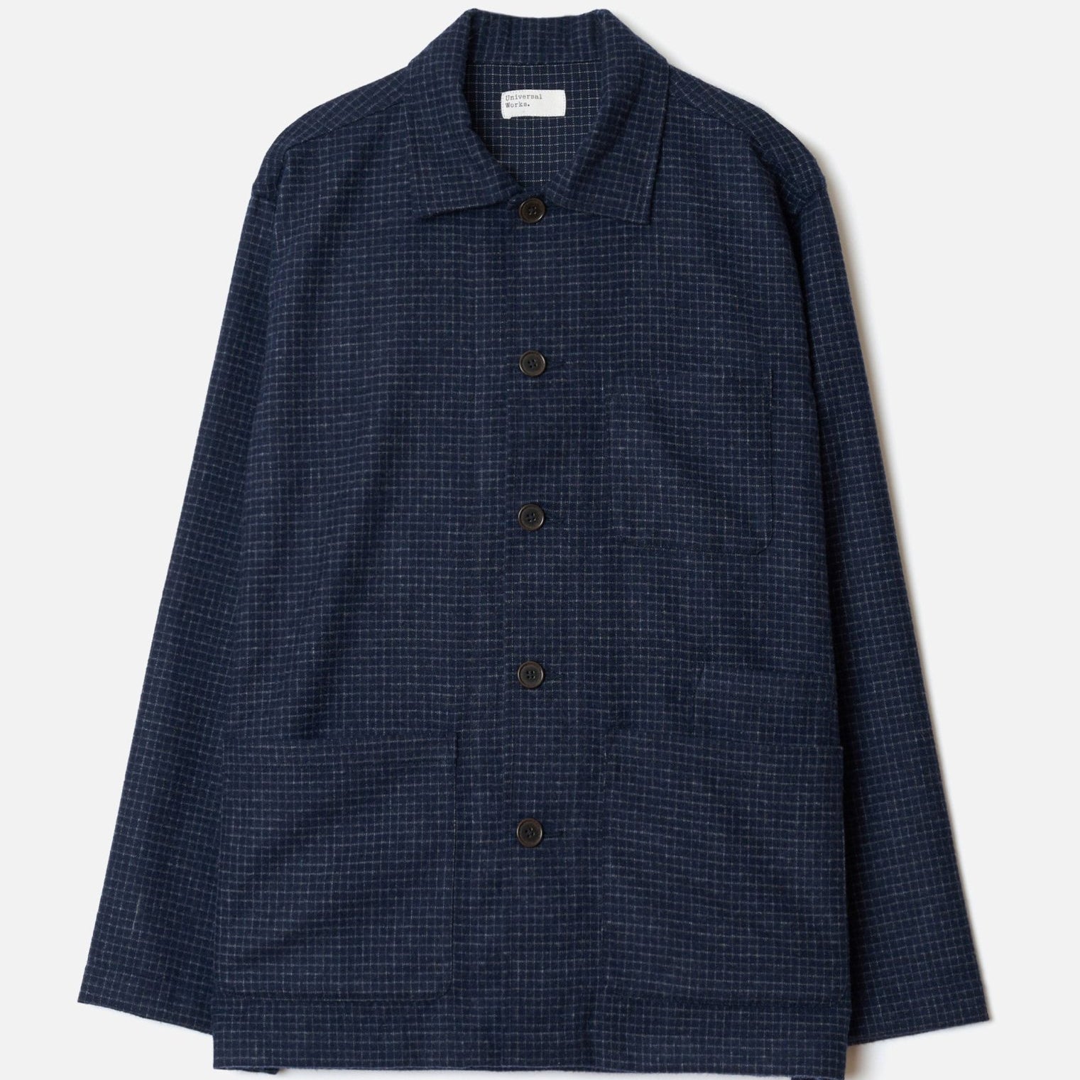 Universal Works Bobby Wool Mix Bakers Overshirt Navy Check - Steranko Clothing Manchester