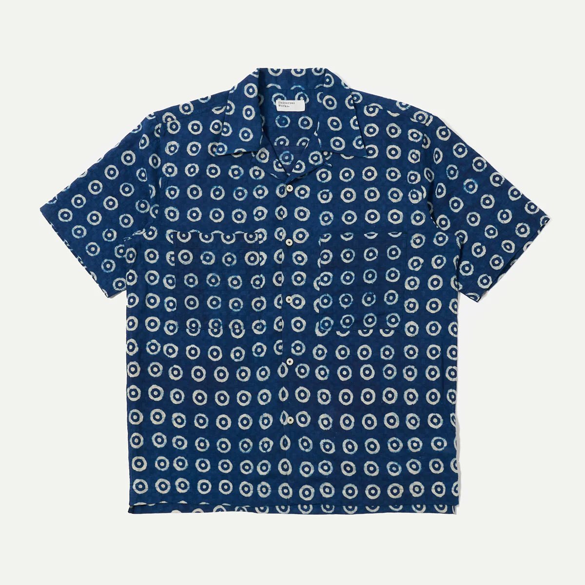 Universal Works Camper Shirt Block Print Circles Navy - Steranko Clothing Manchester