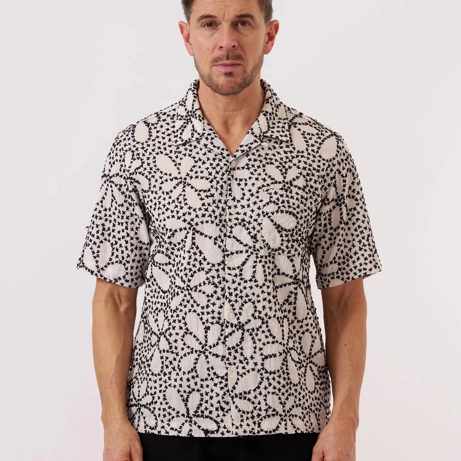 Universal Works Kantha Flower Road Shirt Ecru / Black - Steranko Clothing Manchester
