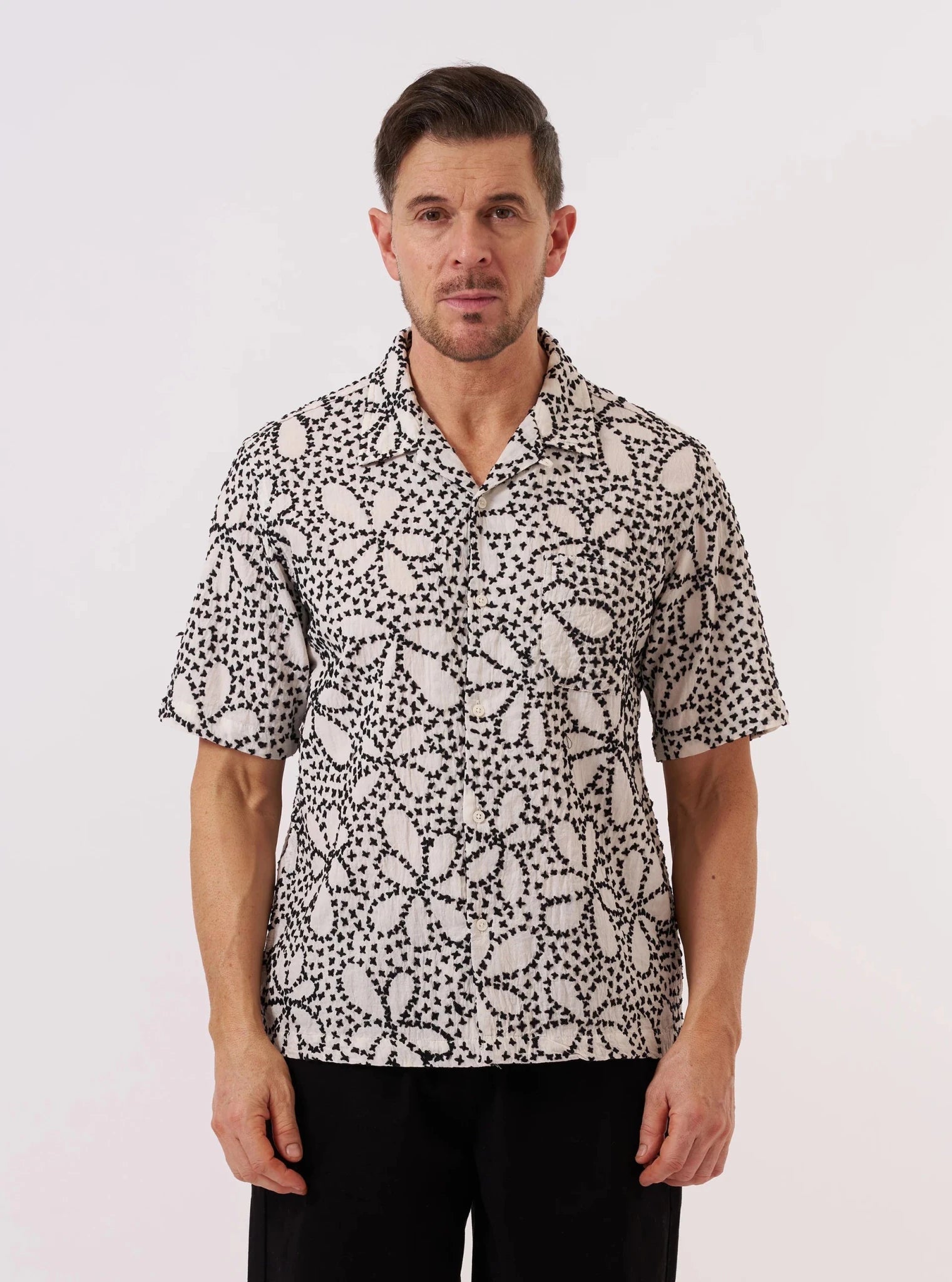 Universal Works Kantha Flower Road Shirt Ecru / Black - Steranko Clothing Manchester