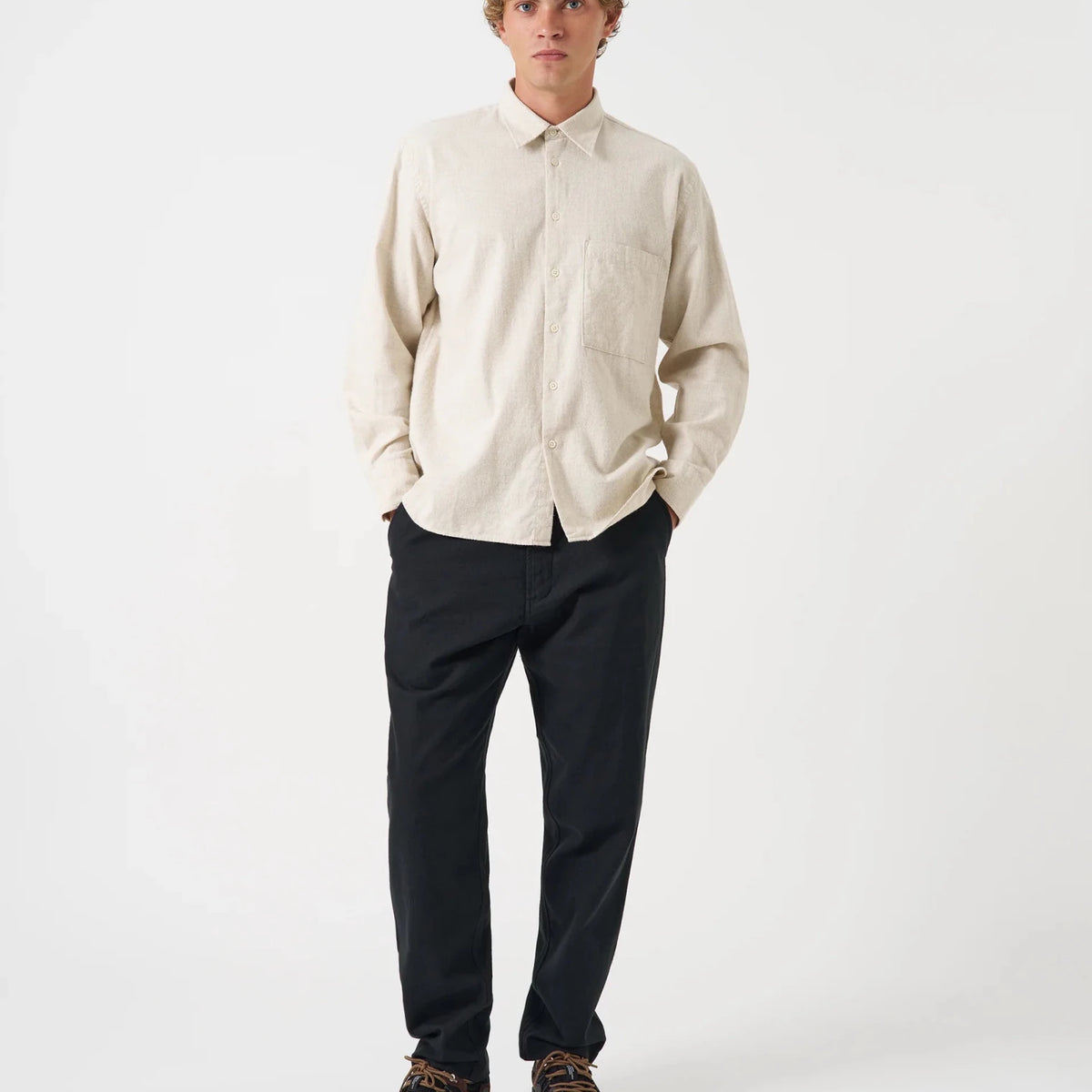 Universal Works Square Pocket Shirt Brushed Flannel Ecru - Steranko Clothing Manchester