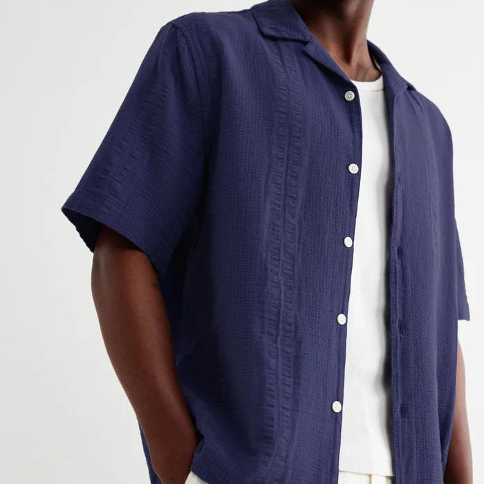 Wax Didcot Double Weave Seersucker Dark Blue - Steranko Clothing Manchester