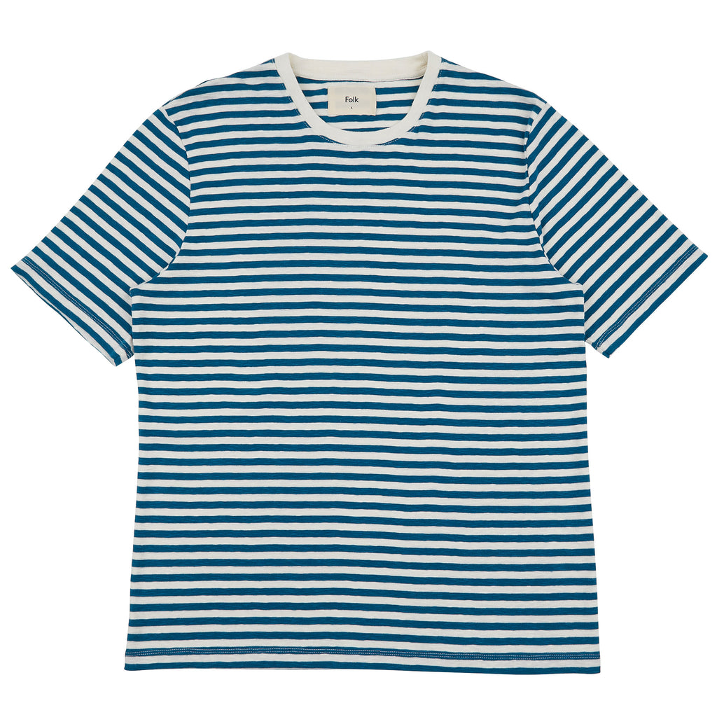 Folk Classic Stripe T-Shirt Ocean Blue Ecru