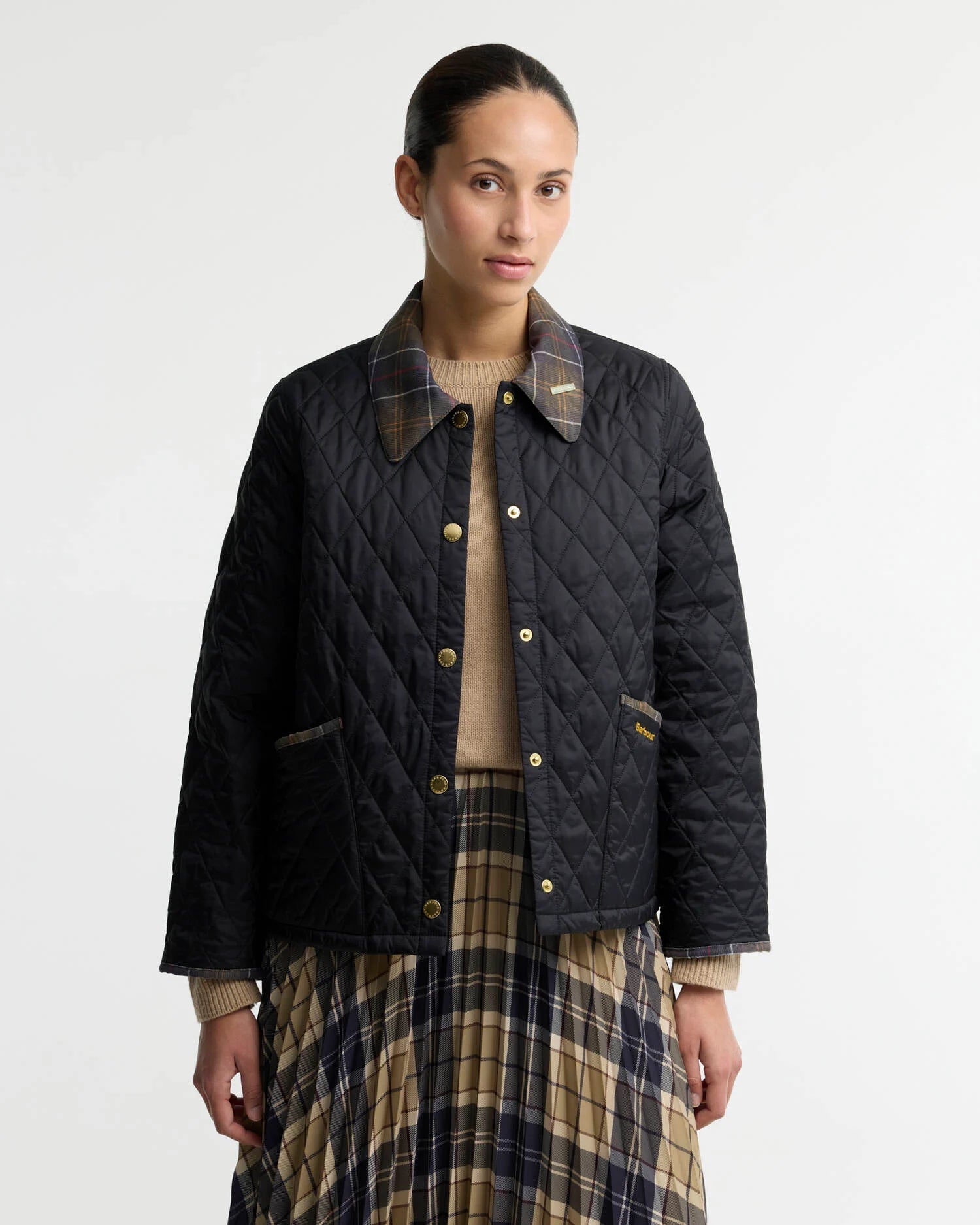 Barbour Icons Tartan Collar Cropped Liddesdale Quilted Jacket Black / Classic - Steranko Clothing Manchester