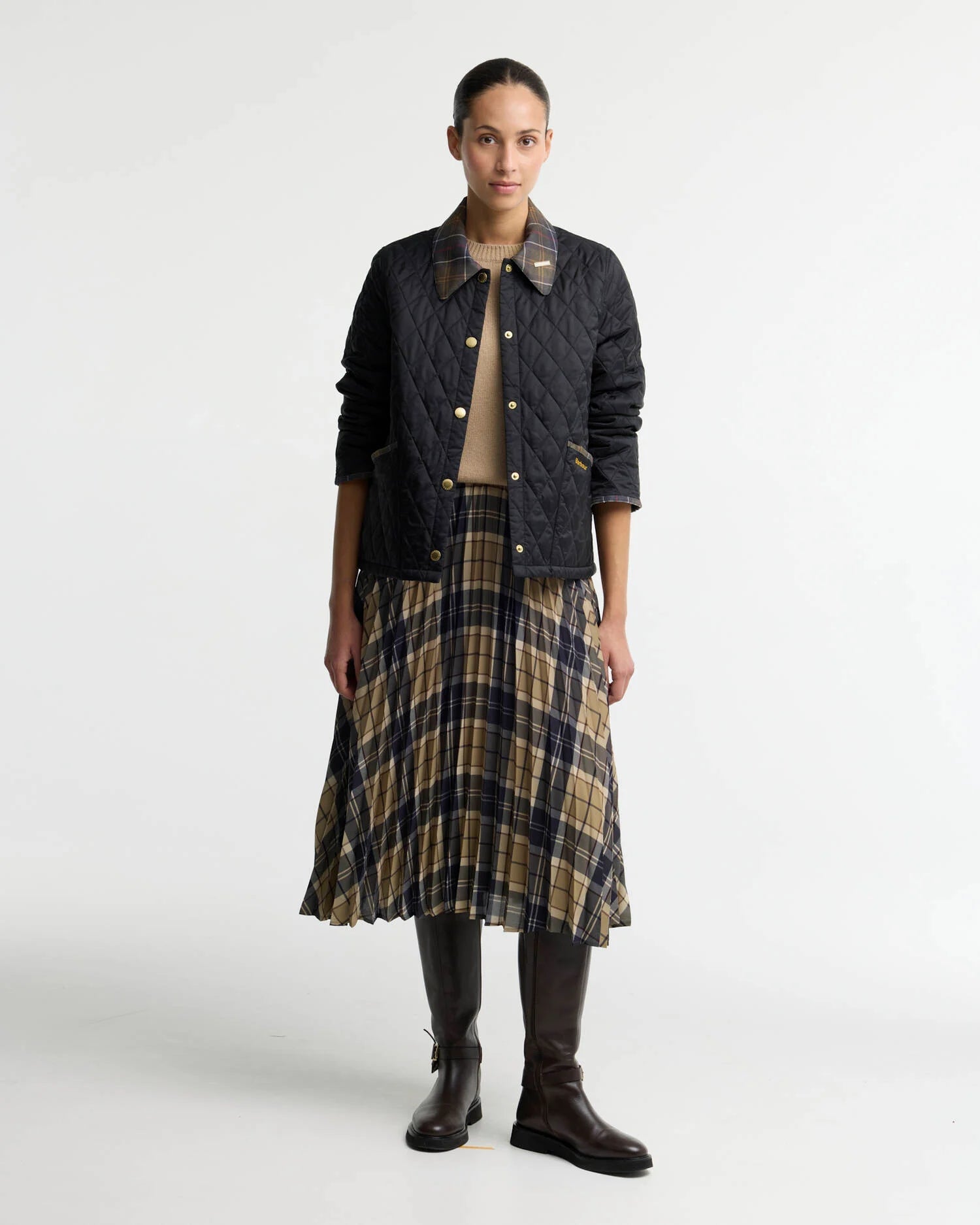 Barbour Icons Tartan Collar Cropped Liddesdale Quilted Jacket Black / Classic - Steranko Clothing Manchester