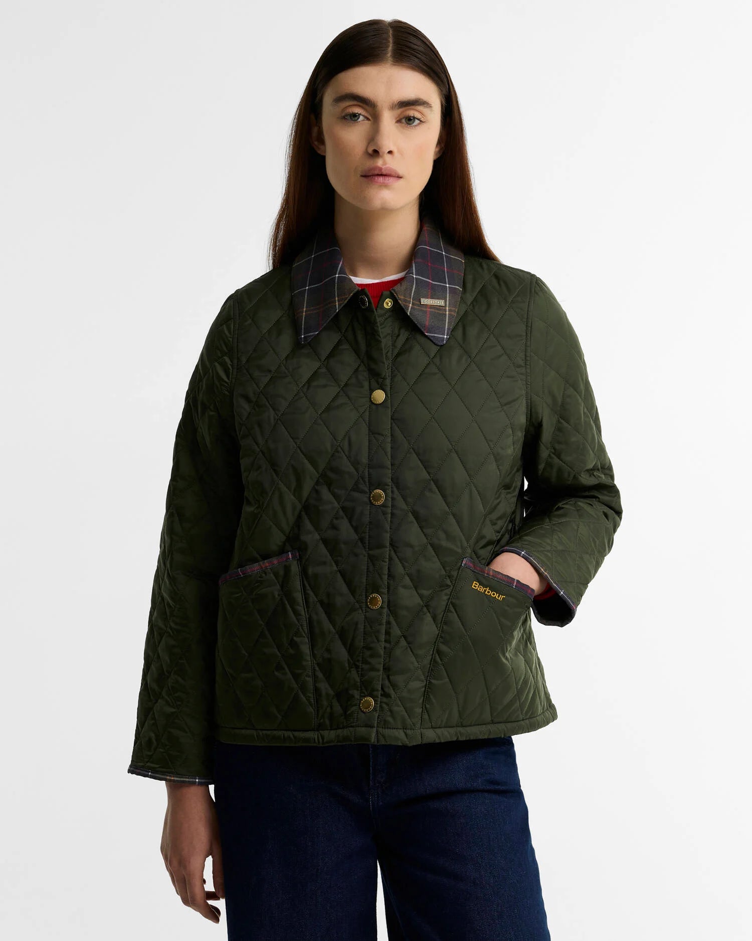 Barbour Icons Tartan Collar Cropped Liddesdale Quilted Jacket Olive / Classic - Steranko Clothing Manchester
