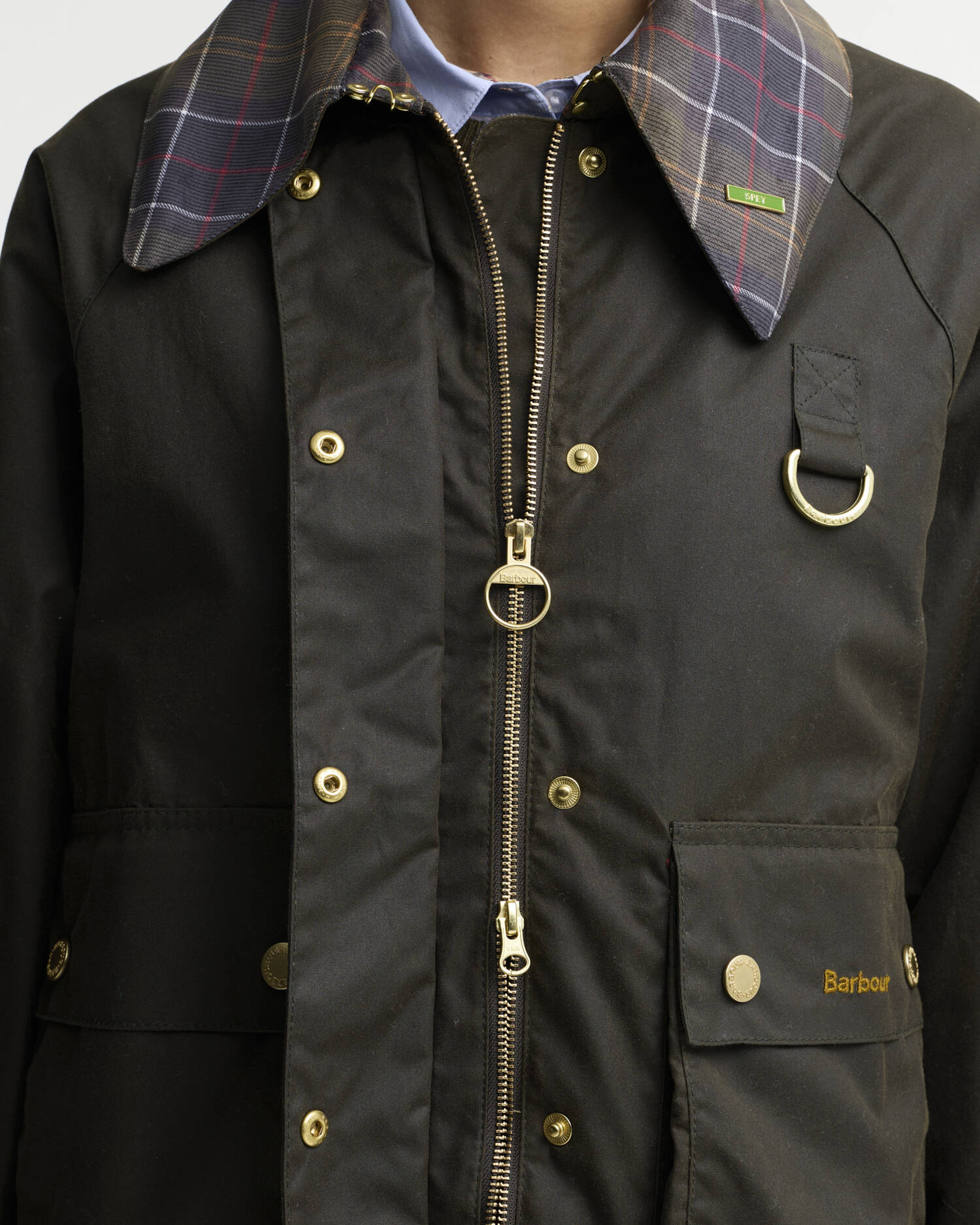Barbour Icons Tartan Collar Spey Waxed Jacket Olive / Classic - Steranko Clothing Manchester