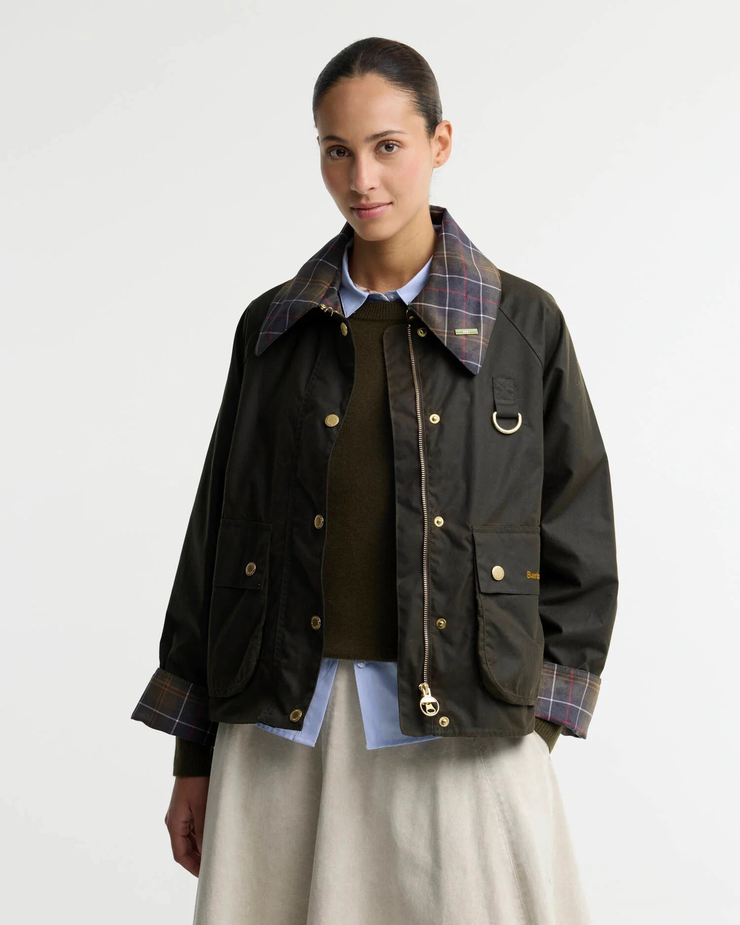 Barbour Icons Tartan Collar Spey Waxed Jacket Olive / Classic - Steranko Clothing Manchester