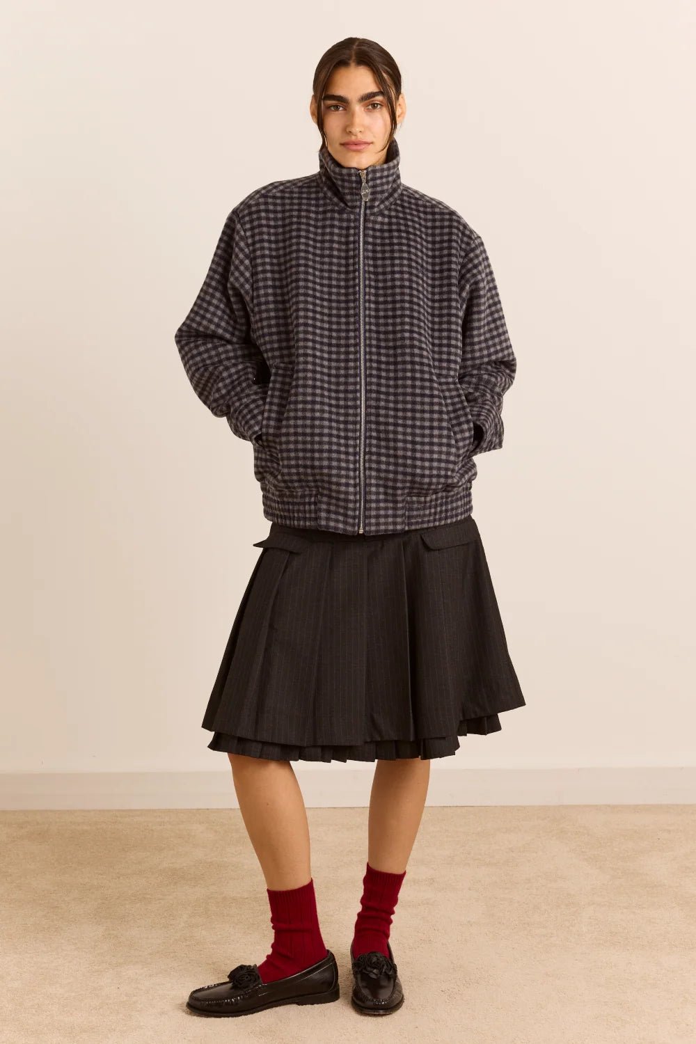 Damson Madder Pixie Wool Blend Bomber Willow Gingham - Steranko Clothing Manchester