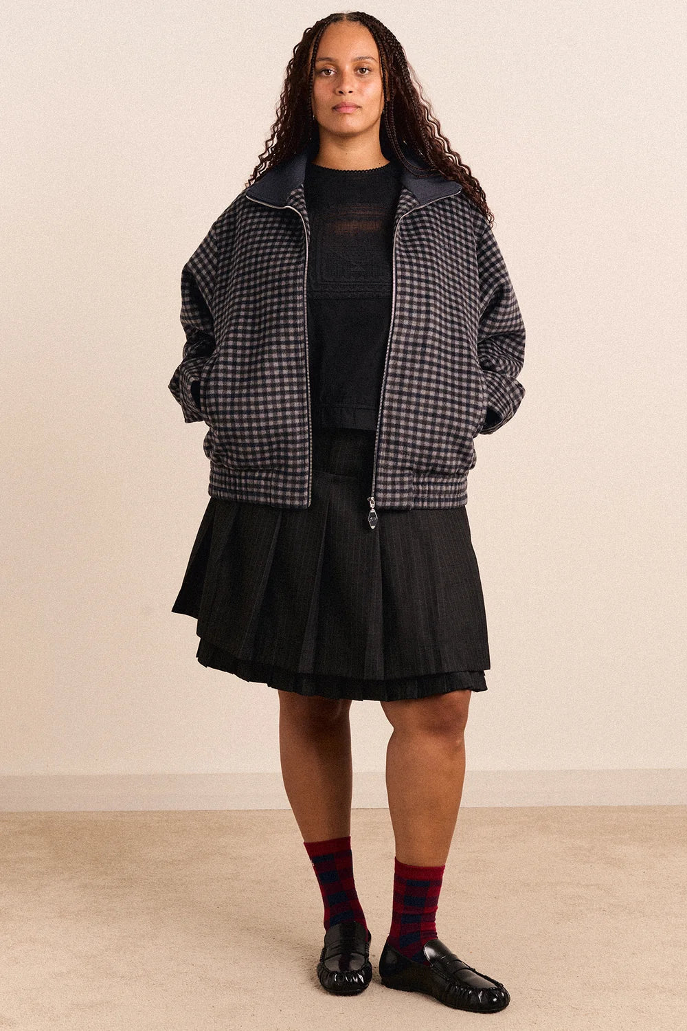 Damson Madder Pixie Wool Blend Bomber Willow Gingham - Steranko Clothing Manchester