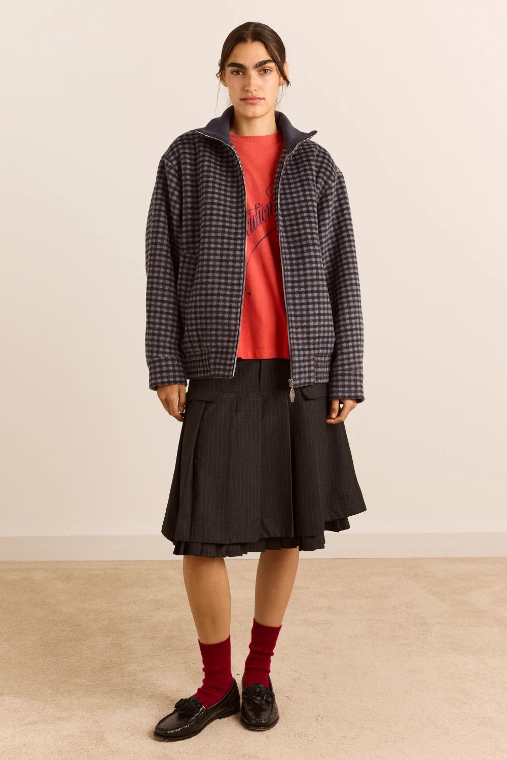 Damson Madder Pixie Wool Blend Bomber Willow Gingham - Steranko Clothing Manchester