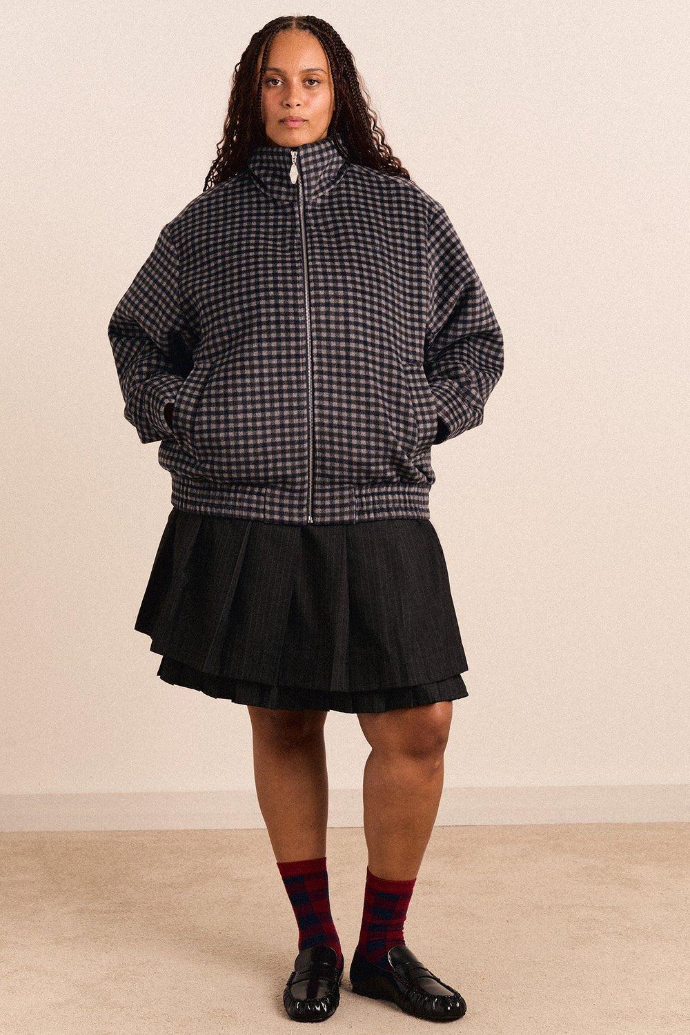 Damson Madder Pixie Wool Blend Bomber Willow Gingham - Steranko Clothing Manchester