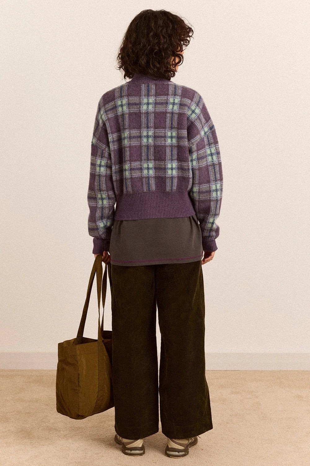Damson Madder Saffy Merino Wool Cardigan Brushed Check Lilac - Steranko Clothing Manchester