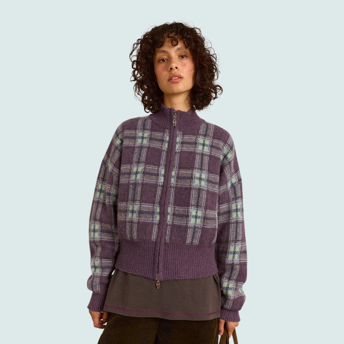 Damson Madder Saffy Merino Wool Cardigan Brushed Check Lilac - Steranko Clothing Manchester
