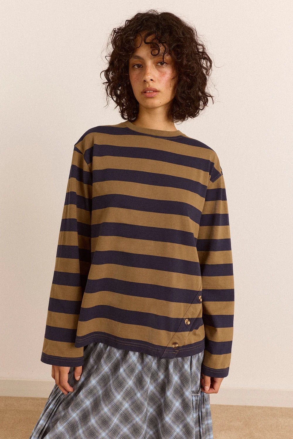 Damson Madder Scotti LS Tee Olive Stripe - Steranko Clothing Manchester
