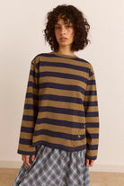 Damson Madder Scotti LS Tee Olive Stripe - Steranko Clothing Manchester
