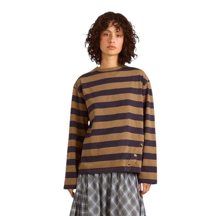 Damson Madder Scotti LS Tee Olive Stripe - Steranko Clothing Manchester