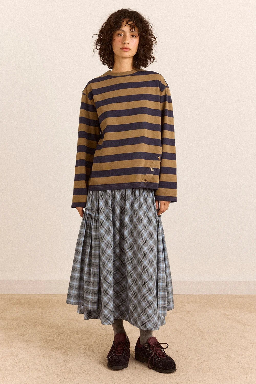 Damson Madder Scotti LS Tee Olive Stripe - Steranko Clothing Manchester