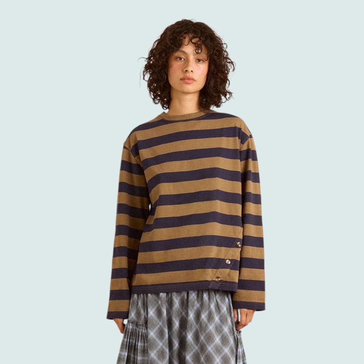 Damson Madder Scotti LS Tee Olive Stripe - Steranko Clothing Manchester