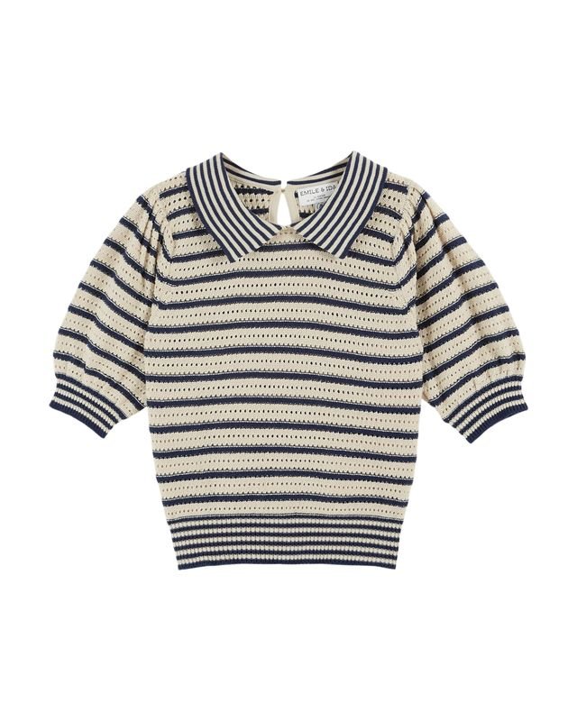 Emile & Ida Dauphin Striped Knitted Polo Shirt Marina Blue - Steranko Clothing Manchester