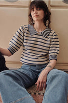 Emile & Ida Dauphin Striped Knitted Polo Shirt Marina Blue - Steranko Clothing Manchester