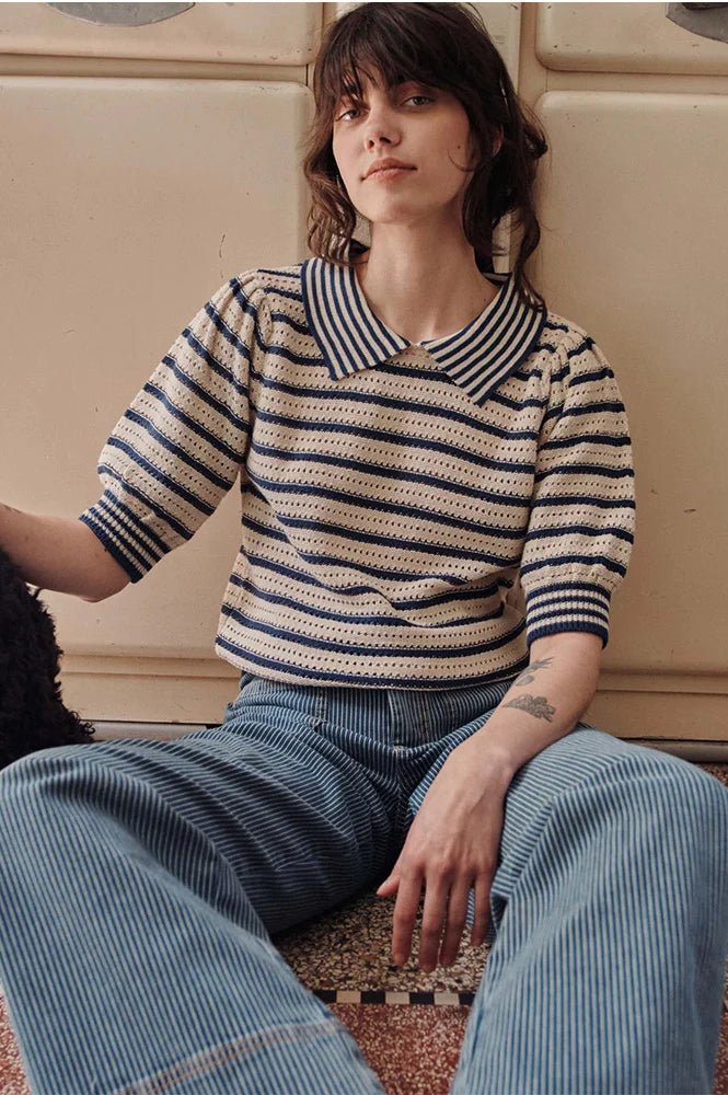 Emile & Ida Dauphin Striped Knitted Polo Shirt Marina Blue - Steranko Clothing Manchester