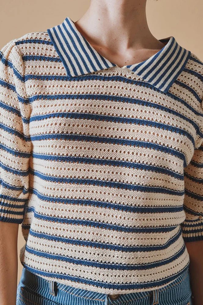 Emile & Ida Dauphin Striped Knitted Polo Shirt Marina Blue - Steranko Clothing Manchester
