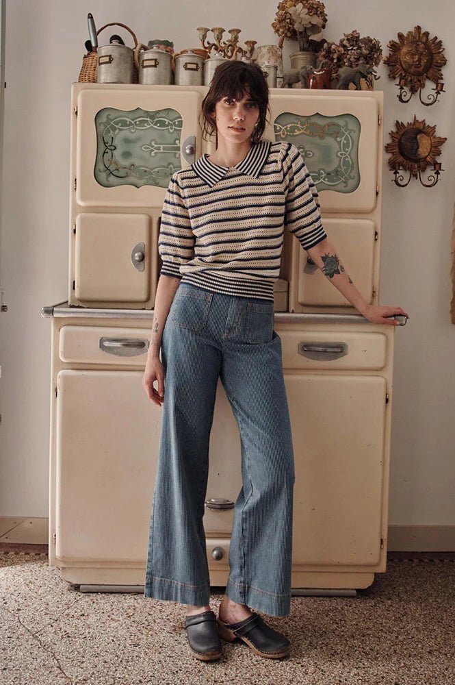 Emile & Ida Dauphin Striped Knitted Polo Shirt Marina Blue - Steranko Clothing Manchester
