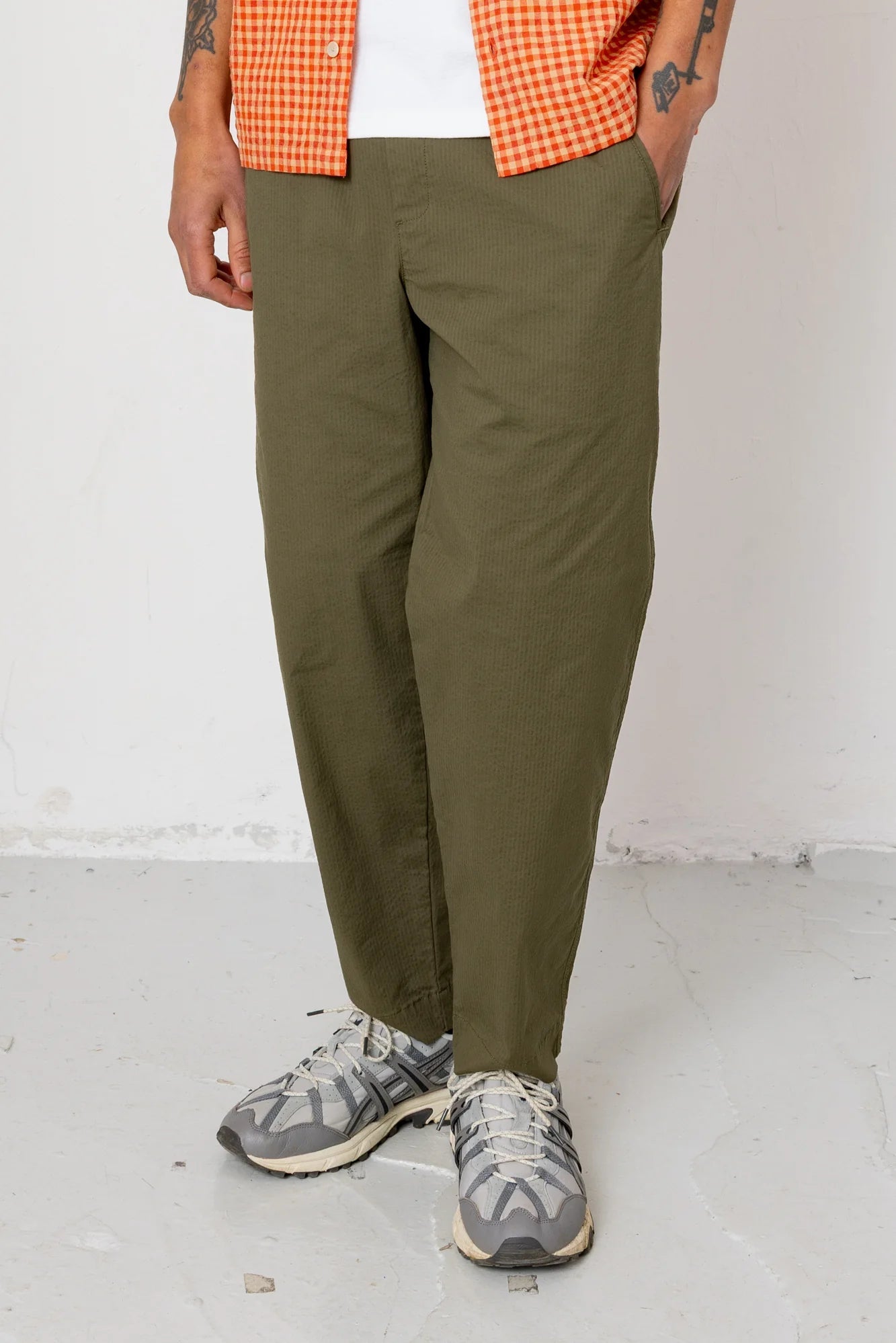 Folk Drawcord Assembly Pant Dark Olive Seersucker - Steranko Clothing Manchester