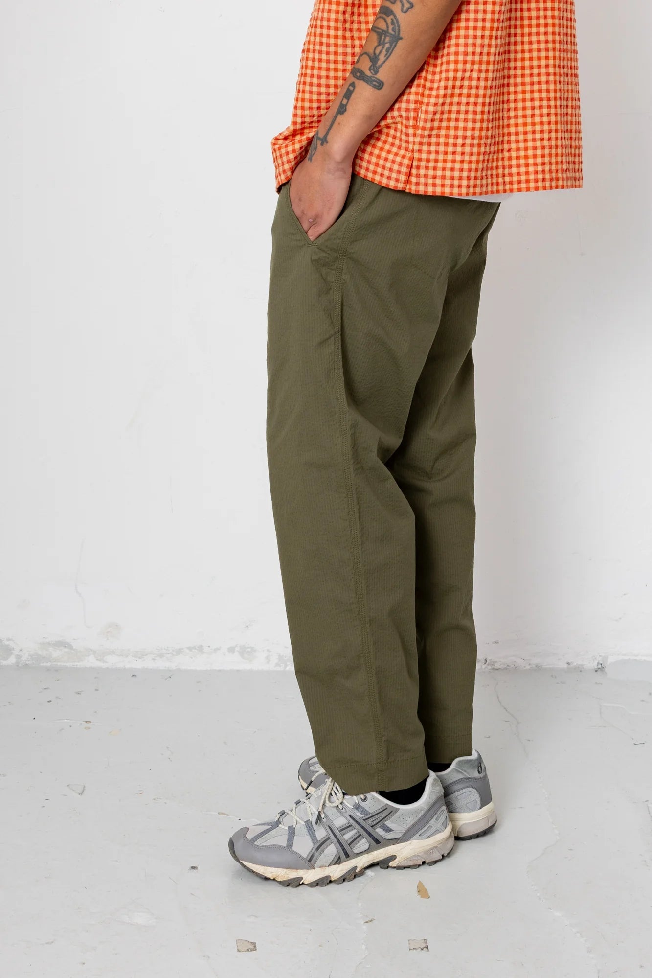 Folk Drawcord Assembly Pant Dark Olive Seersucker - Steranko Clothing Manchester