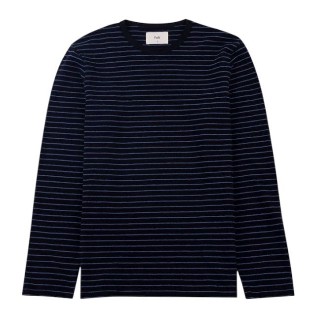 Folk Long Sleeve Textured Stripe T-Shirt Black/Soft Blue - Steranko Clothing Manchester