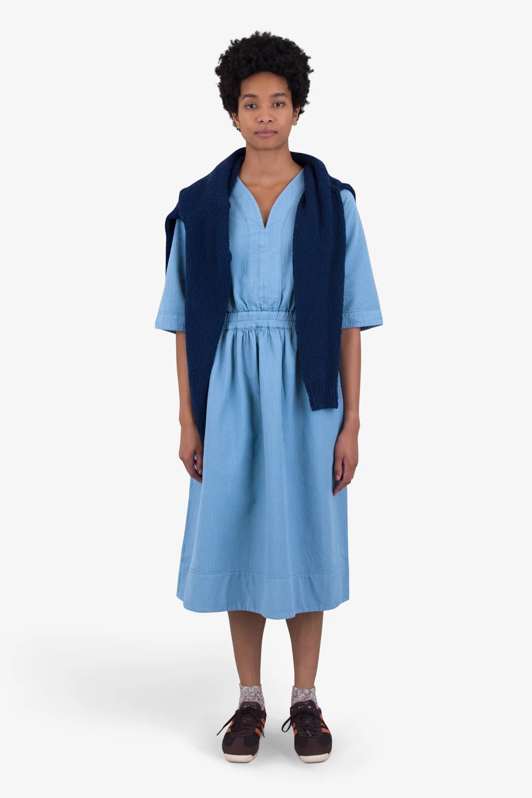 Folk W' Gathered Dress Light Indigo Topstitch - Steranko Clothing Manchester