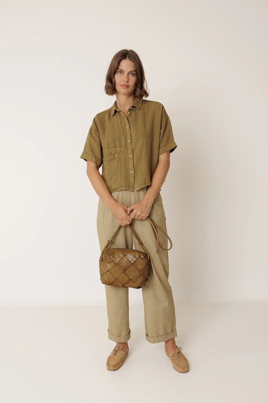INDI&COLD Crop Linen Shirt Khaki - Steranko Clothing Manchester