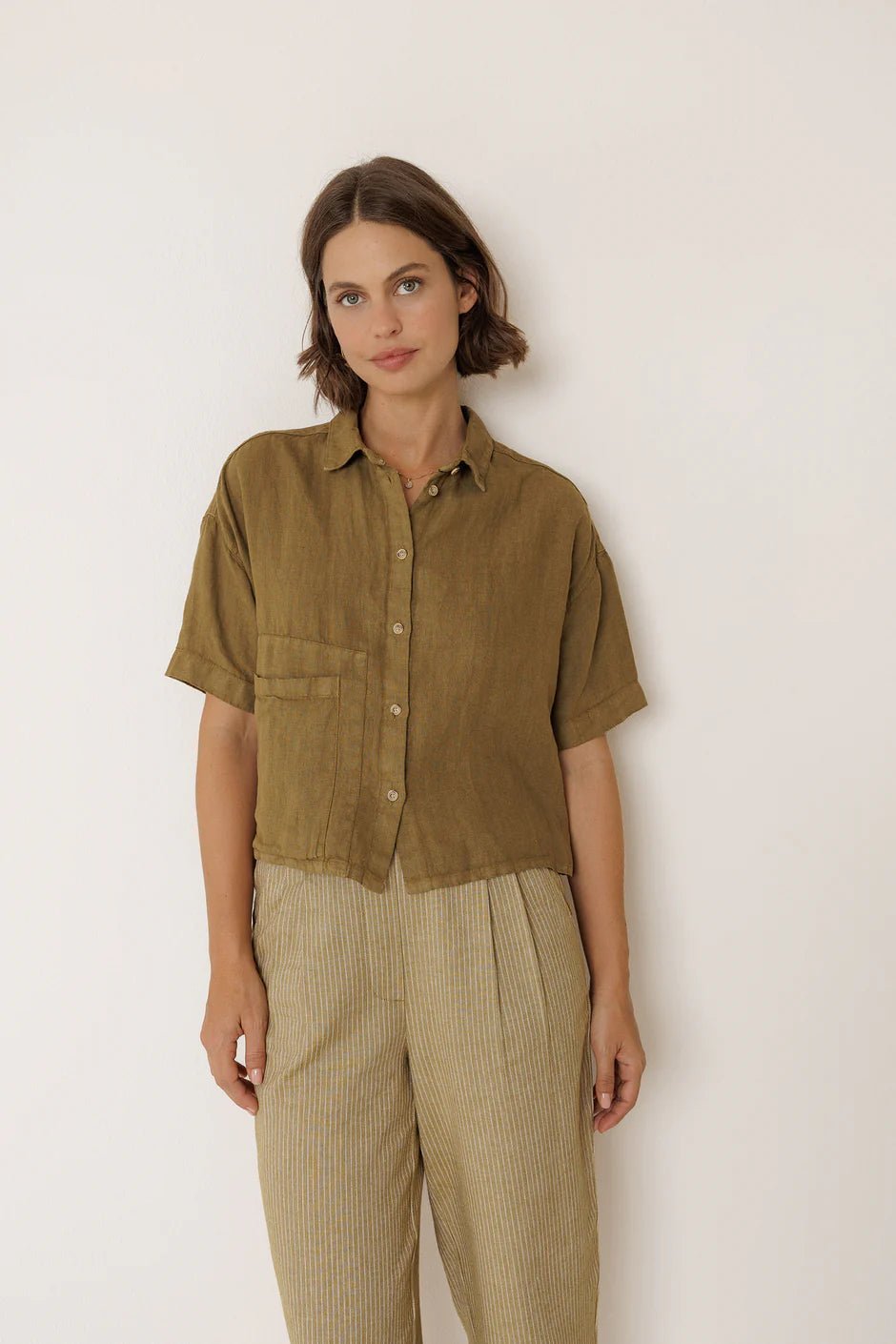 INDI&COLD Crop Linen Shirt Khaki - Steranko Clothing Manchester