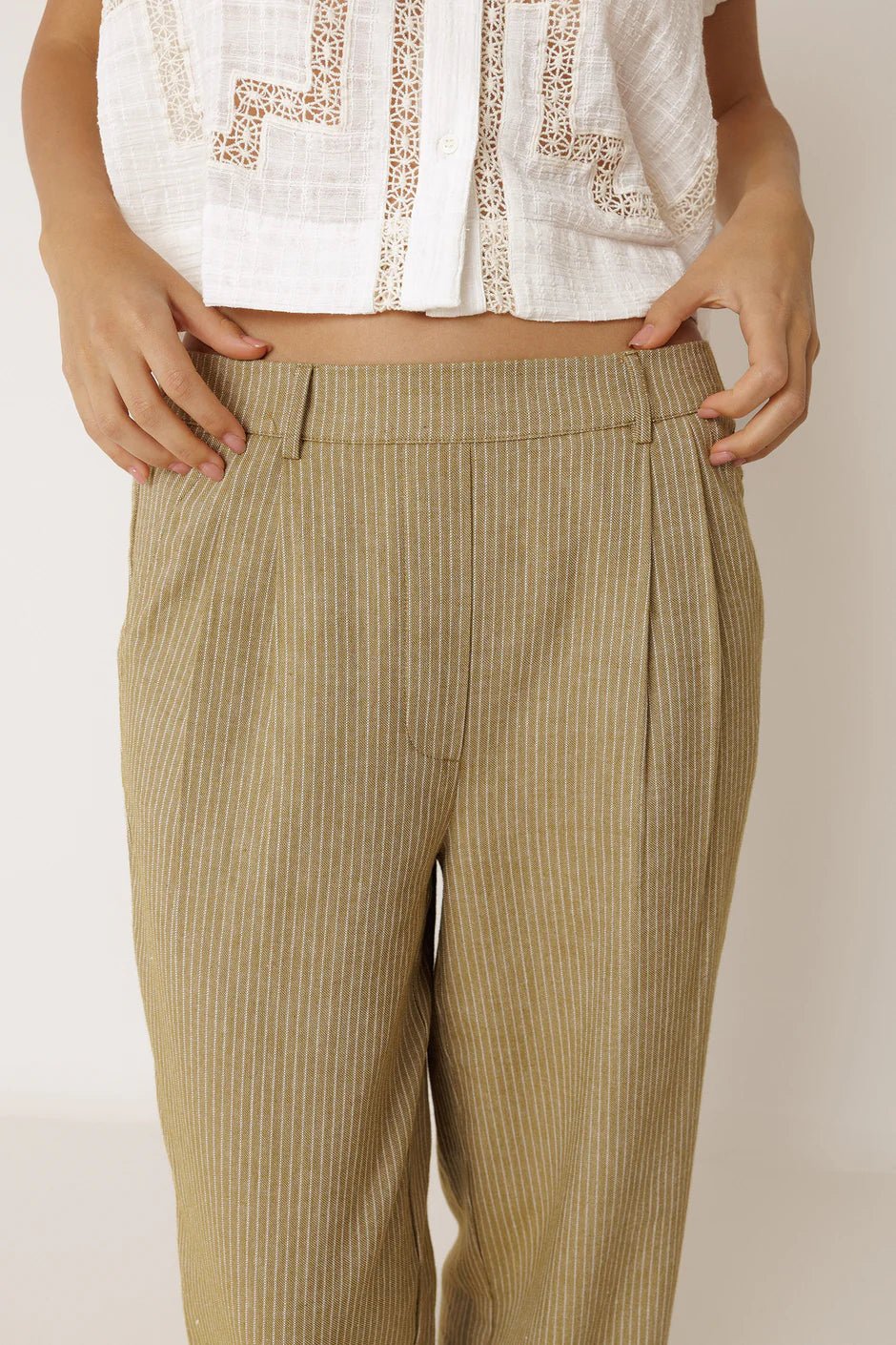 INDI&COLD Pinstripe Pleated Pants Khaki - Steranko Clothing Manchester