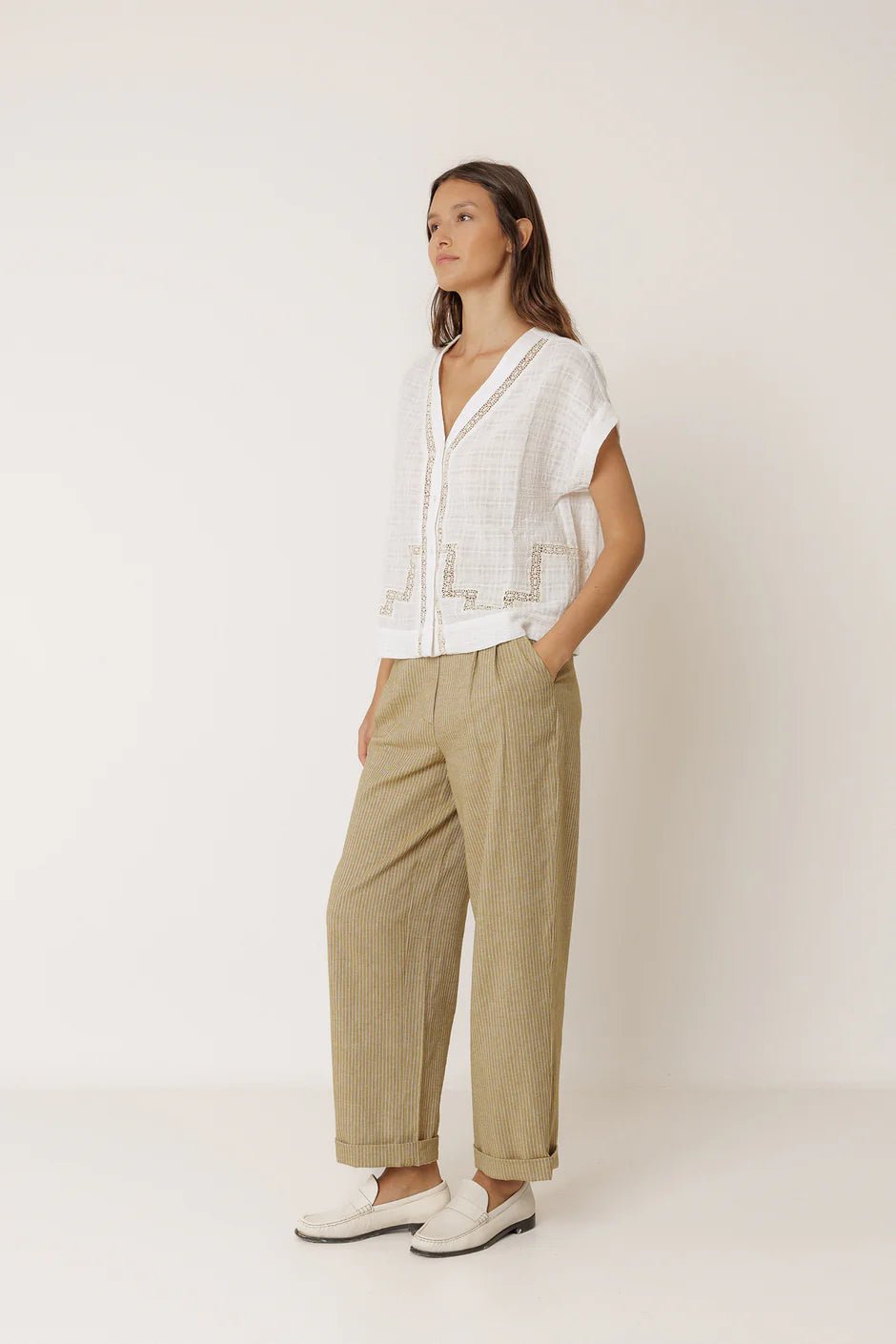 INDI&COLD Pinstripe Pleated Pants Khaki - Steranko Clothing Manchester