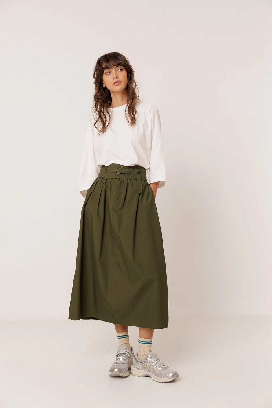 INDI&COLD Poplin Midi Skirt Military Green - Steranko Clothing Manchester